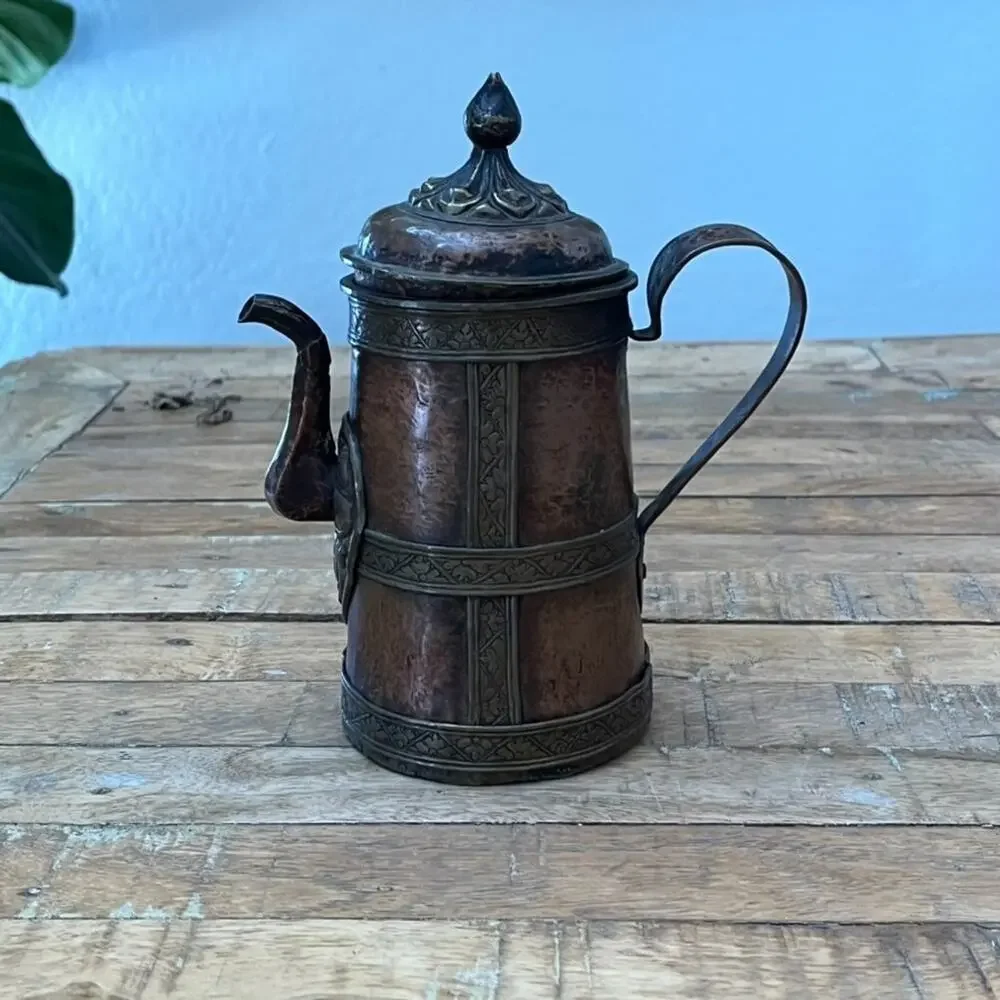 Antique Copper Brass Pitcher 7.5 in Ornate Detailed Embossing w/ Lid